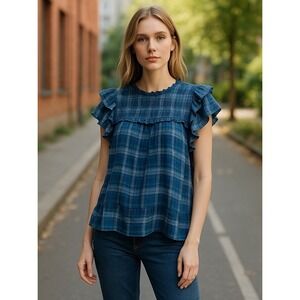 Beach Lunch Lounge Blue Plaid Ruffle Smocked Sleeveless Top Babydoll XS NEW